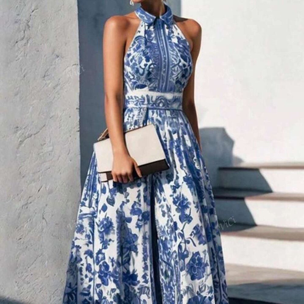 New Long Blue and White Dress Size M